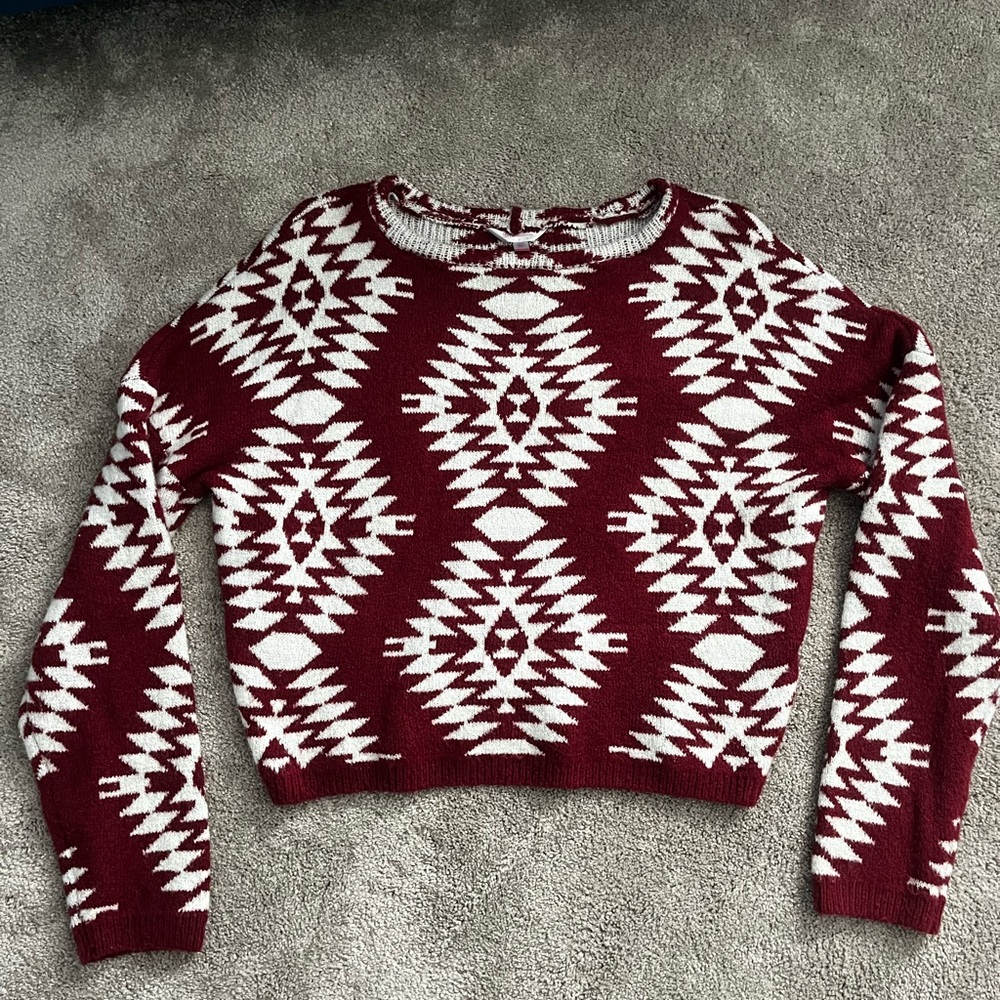 white and maroon boho sweater